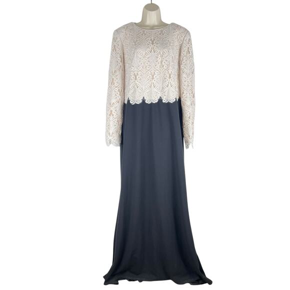 Tadashi Shoji Embroidered Lace Long Evening Gown Black Ivory Size 18 - Picture 4 of 12